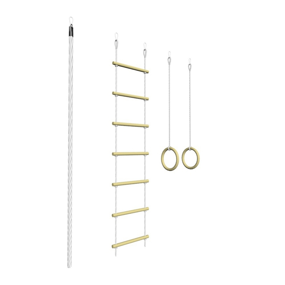 Комплект: Канат х/б с крепежом, Кольца гимнастические деревянные, Лестница веревочная с деревянными ступенями (10 шт)