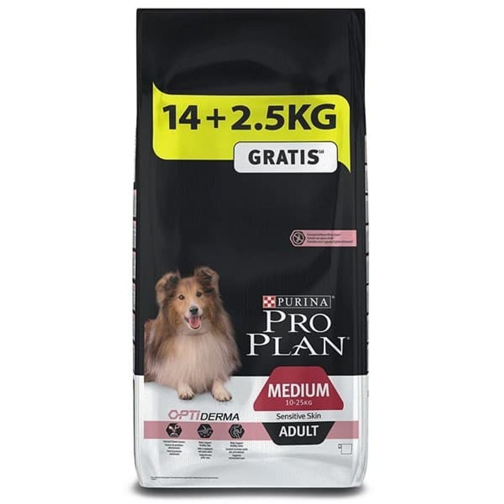 Pro Plan 14+2,5кг adult OptiDerma medium для собак средних пород с чувст. кожей Лосось