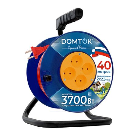 Удлинитель силовой на катушке "DOMTOK" 4гн., ПВС 2*2,5, 3,7кВт, б/з 40м (1/1)