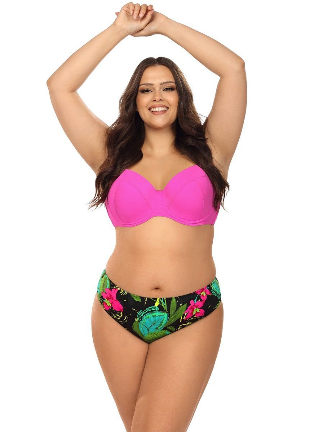 Яркий раздельный купальник plus size с принтом на трусиках (Размер: 85G/42) (Цвет: ярко-розовый)