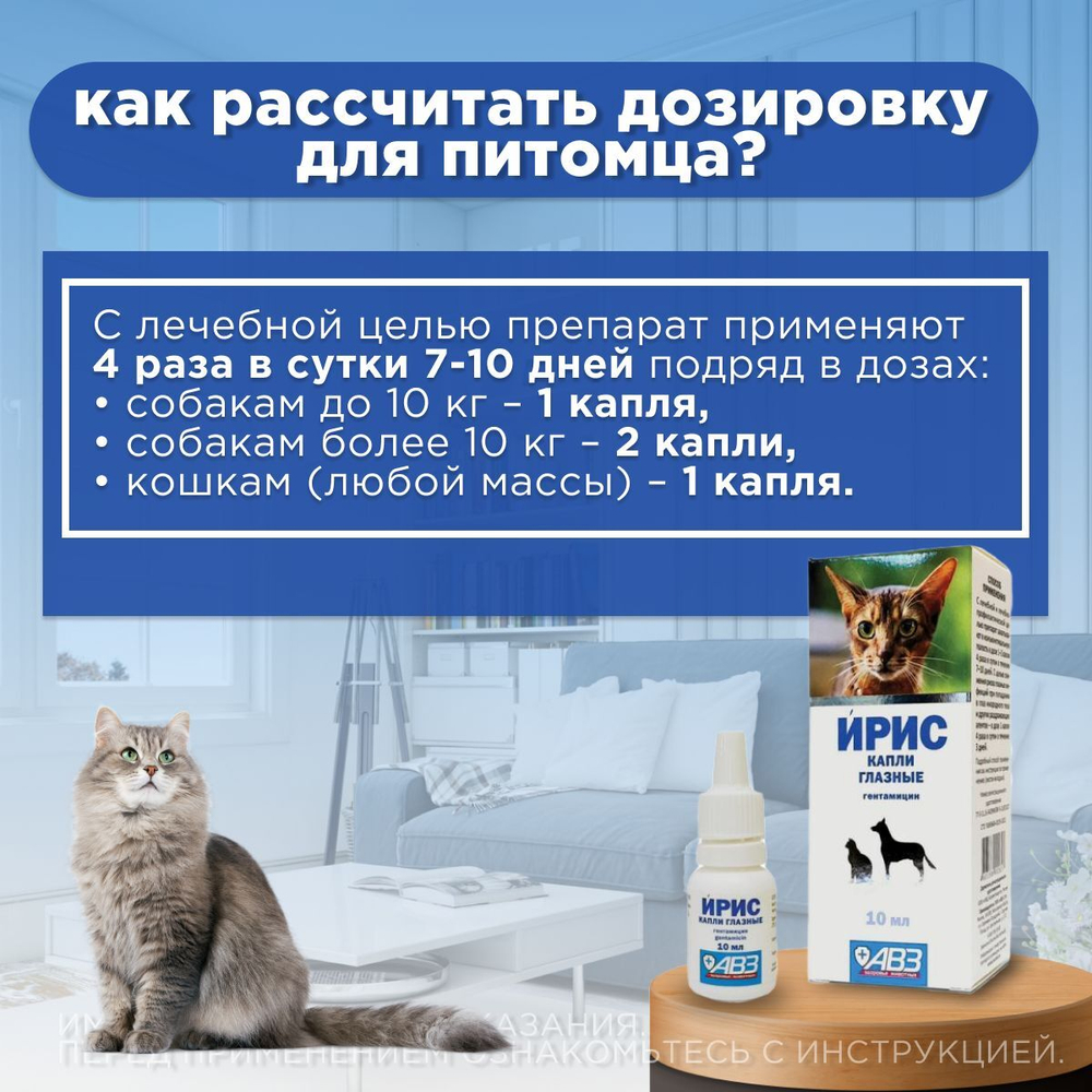 Капли глазные для лечения болезней глаз АВЗ Ирис для собак и кошек, 10 мл