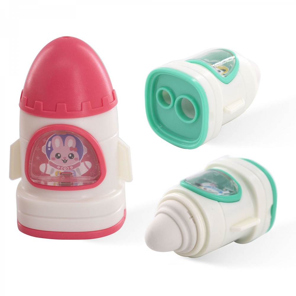 Точилка Yalong, пластиковая с ластиком и контейнером, "Зверюшки- космнавты", 2 отверстия, ассорти, 16 шт в карт упак