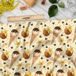 Ткань таффета ванильное мороженое и кокосы на жёлтом фоне