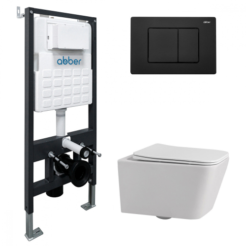 Комплект подвесной унитаз ABBER Rechteck AC1201 белый с инсталляцией AC0105 и кнопкой AC0120MB черный матовый