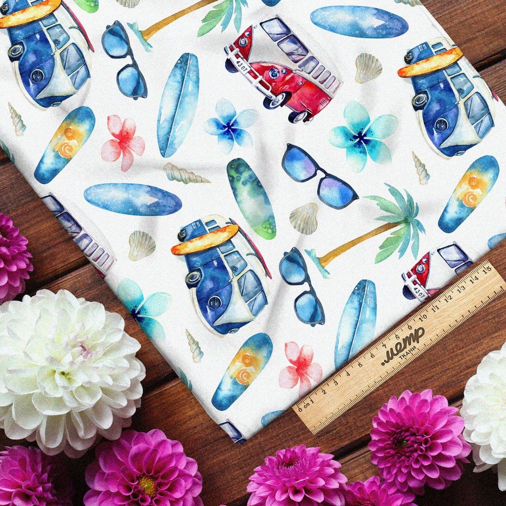 Ткань футер 2-х нитка автобусы на пляже