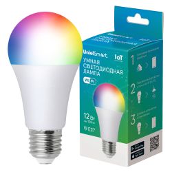 LED-A60-12W-RGBW-E27-230V-WF-FR PLS80WH Умная лампа светодиодная Wi-Fi+Bluetooth. диммируемая. Форма А. матовая. 2700-6500K+RGB. Голосовое управление+приложение UnielSmart. TM Uniel
