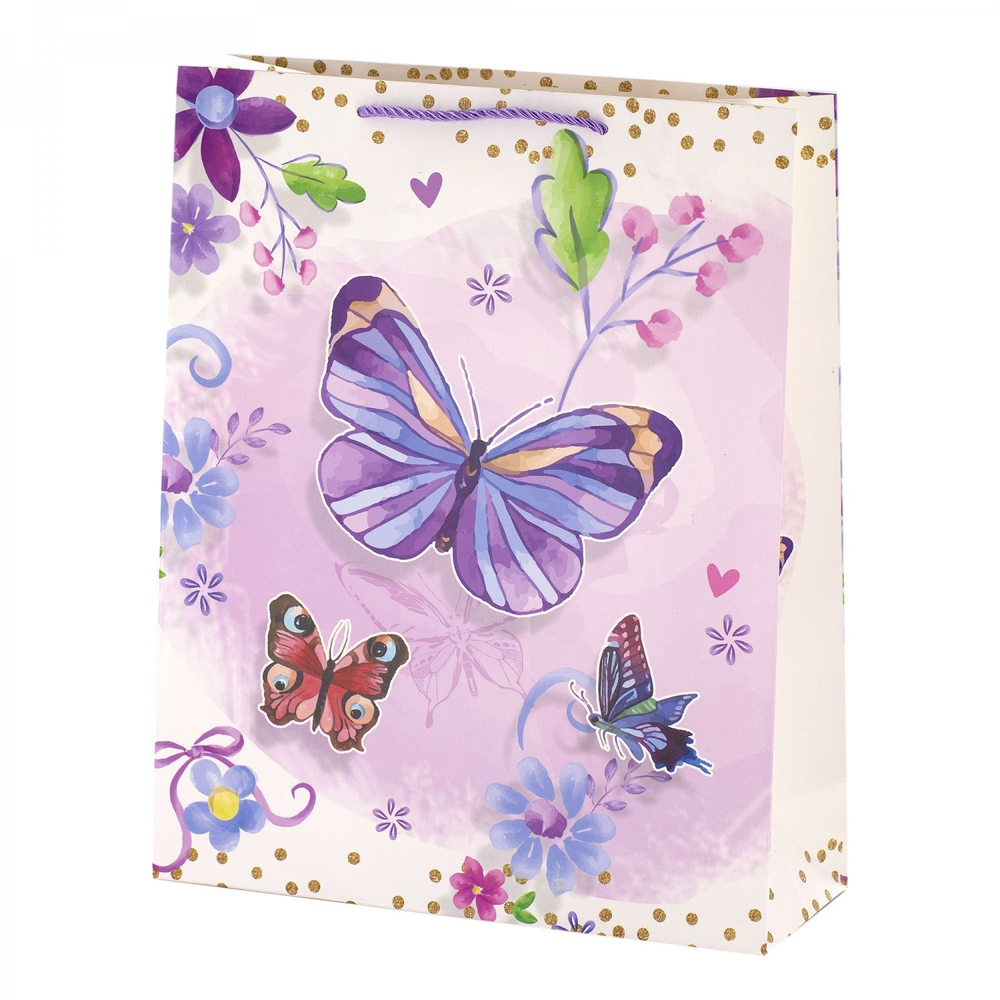 Пакет подарочный бумажный Alingar, (XL) 31х40х12 см, вертикальный, "Нежные бабочки", матов. ламинация, ассорти