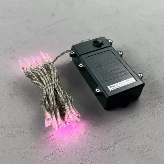 Светодиодная гирлянда 10 м., 3 батарейки типа D 4.5V, 100 LED ламп светло розового цвета, таймер, прозрачный провод, LTC (EST100-4W10-8BP)