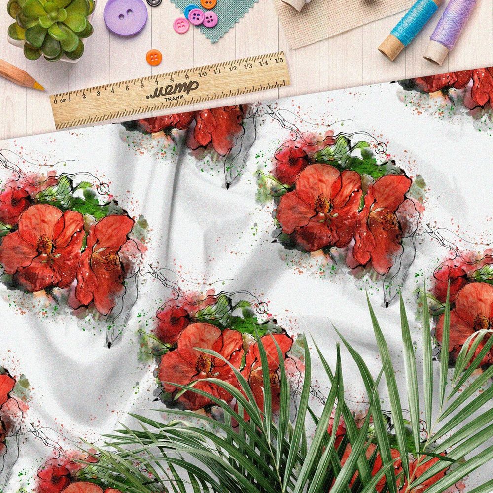 Ткань блэкаут красные букеты на белом фоне