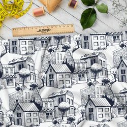 Ткань саржа карандашные дома на белом фоне