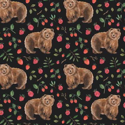 Медведь и ягодки на черном фоне
