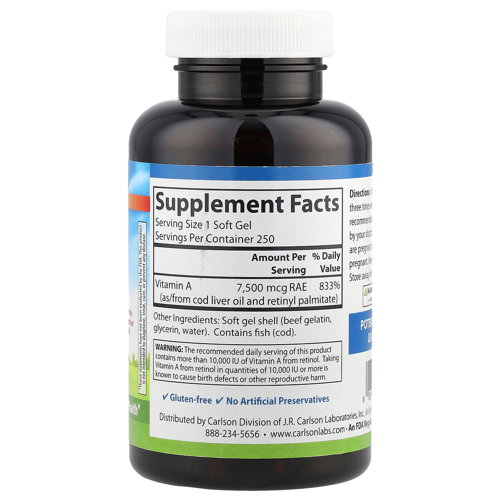 Carlson, витамин A, 7500 мкг RAE (25 000 МЕ), 250 мягких таблеток