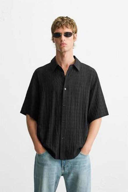 ZARA РУБАШКА В КЛЕТКУ С РЕЛЬЕФНЫМ РИСУНКОМ, ЧЕРНЫЙ