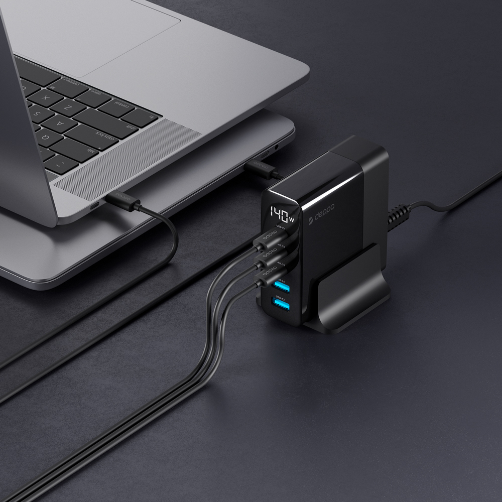 Зарядная станция Charging Station GaN 3xUSB-C, 2xUSB, PD, QC, 140Вт, черный