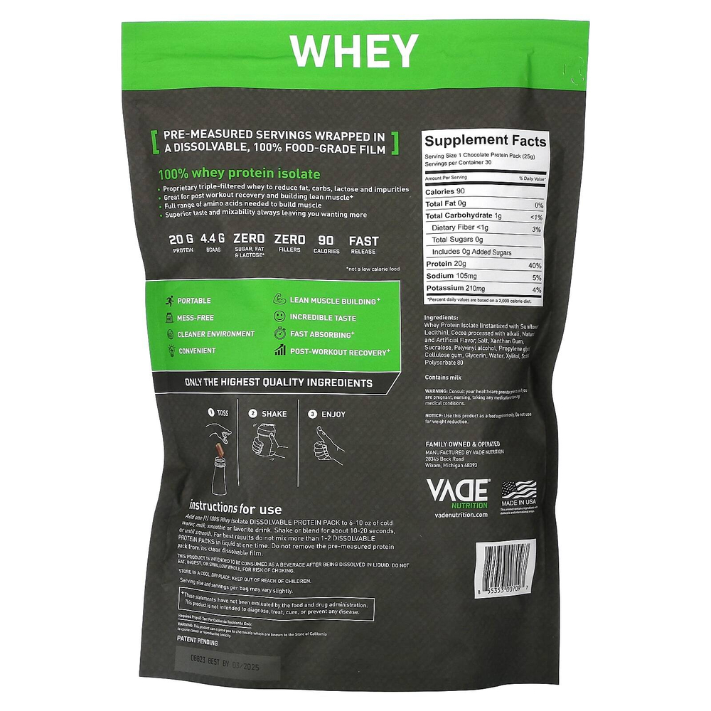 Vade Nutrition, Пакетики с растворимым протеином, 100% изолят сыворотки, шоколадный молочный коктейль, 750 г (1,7 фунта)