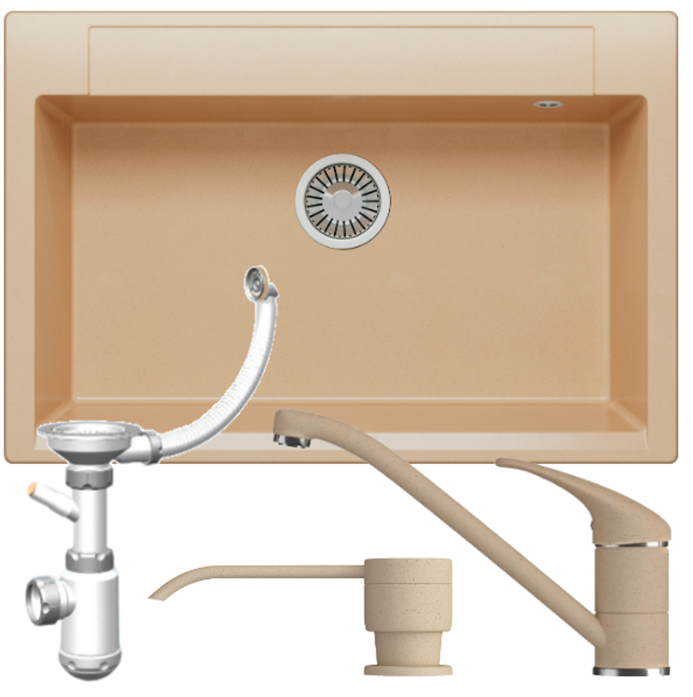 Мойка POLYGRAN ARGO-760 бежевый №27, смеситель НИЗКИЙ КРАН ЭКО бежевый