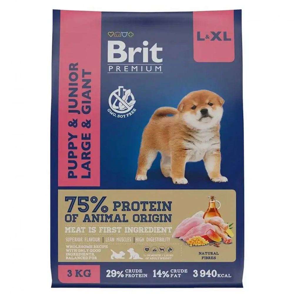 Brit premium dog puppy and junior large and giant сухой корм для щенков и молодых собак крупных и гигантских пород с курицей - 3 кг