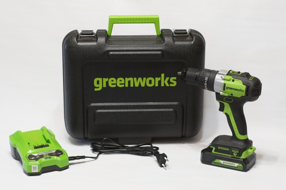 Дрель-шуруповерт 24V Greenworks GD24DD60K2 ударная б/щ 60Нм АКБ 2Ач и ЗУ кейс