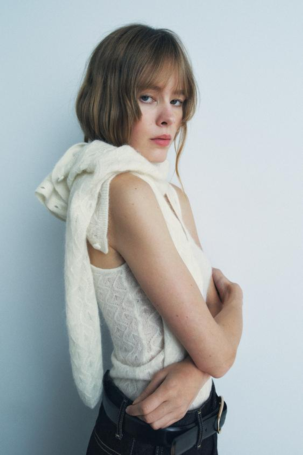 ZARA ТОП ИЗ ШЕРСТИ И АЛЬПАКИ С АЖУРНЫМ УЗОРОМ, БЕЛЫЙ