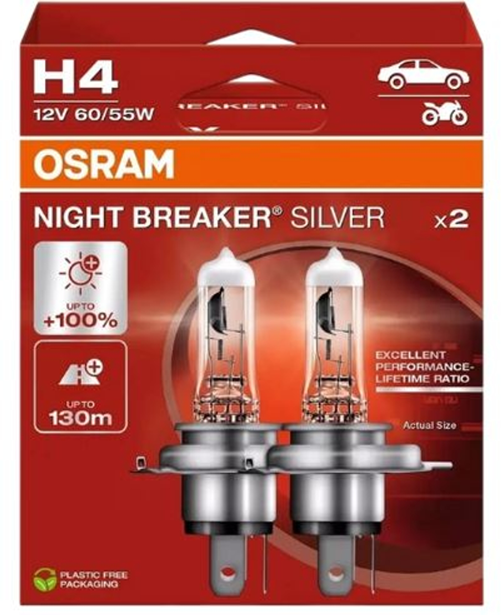 Автолампа H4 12V 60/55W P43t Osram  +100% NIGHT BREAKER SILVER (64193NBS-2HB)картон уп к-т ORIGINAL