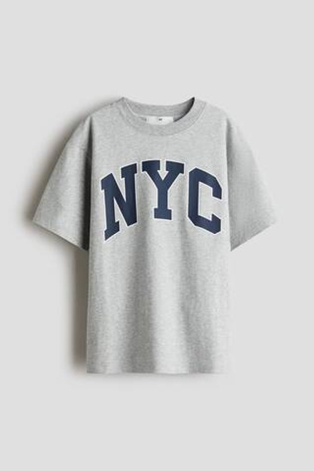 H&M Футболка из хлопка с принтом, серый меланж