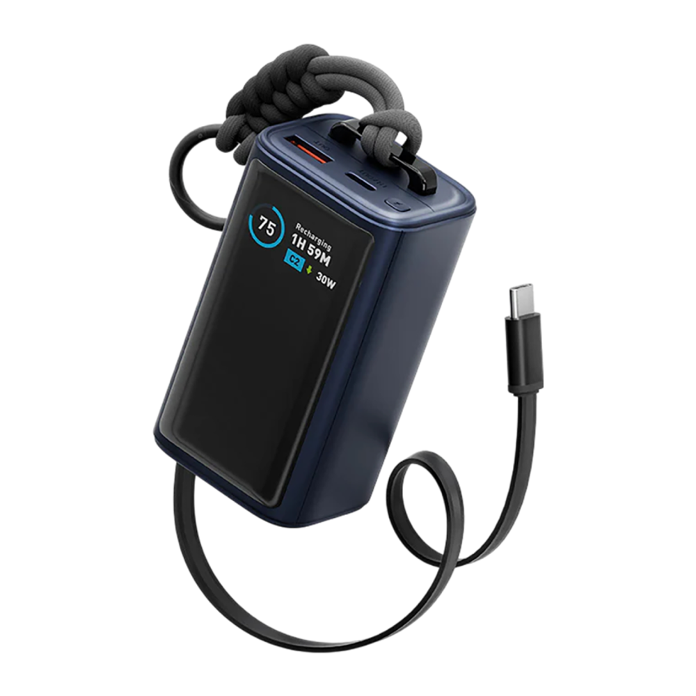 Внешний аккумулятор со встроенным кабелем и ремешком Energea ComPac Arc 45 (10000 мА·ч) Проводная зарядка: USB-C, USB-A, встроенный плоский кабель-рулетка USB-C (0,7 м). Беспроводная зарядка: нет. Есть дисплей, поддержка PD 3.0, QC 3.0, PPS, AFC, SCP и FC