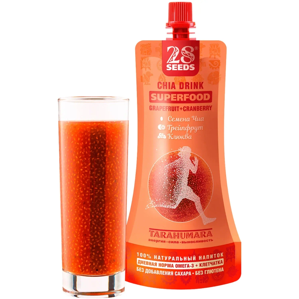 Напиток ЧИА СУПЕРФУД «Грейпфрут + Клюква» 250 мл — напиток с семенами чиа в стакане