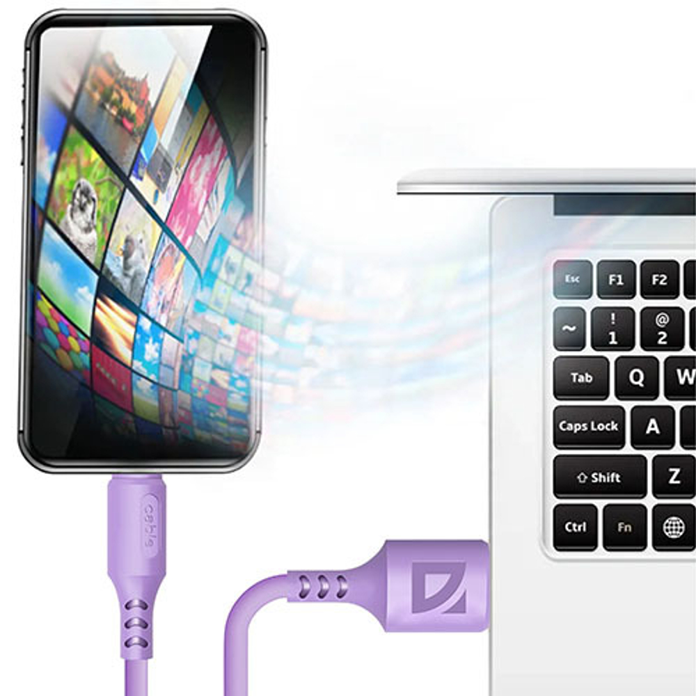 Кабель Defender F207, USB 2.0 (AM) - Apple Lightning (M), 2.4А, фиолетовый, 1метр