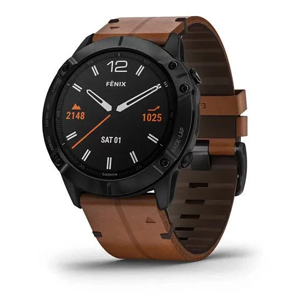 Мультиспортивные часы Garmin Fenix 6X Sapphire черный DLC с каштановым кожаным ремешком 010-02157-14
