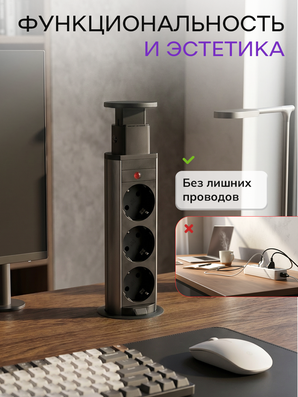Вертикальная тройная розетка, Серебристая