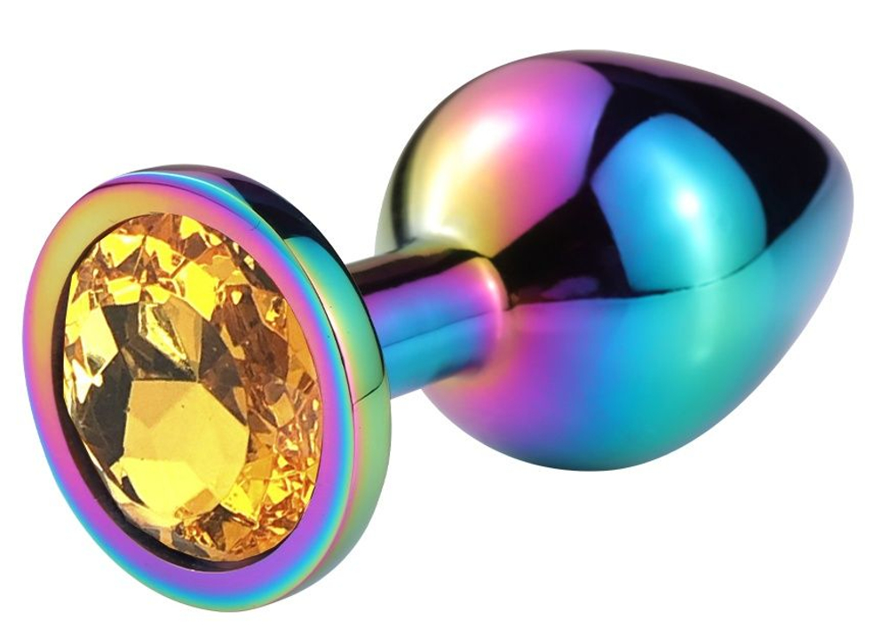 Разноцветная гладкая анальная пробка с оранжевым кристаллом - 7,5 см. (Цвет: оранжевый)