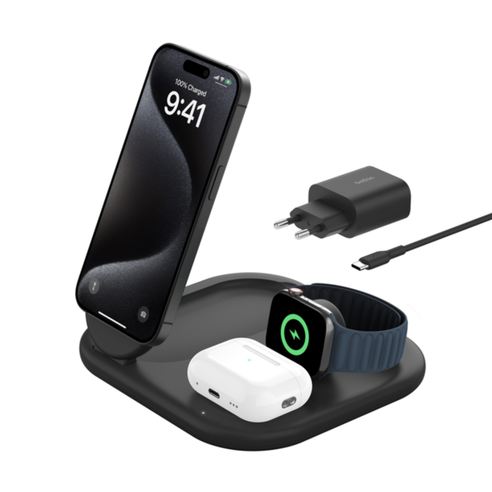 Складная зарядная станция MagSafe Belkin BoostCharge для iPhone, Apple Watch и AirPods (Qi2) (WIZ029, EU) Беспроводная зарядка: Qi 15 Вт, Qi 5 Вт, магнитное крепление для быстрой зарядки Apple Watch (Qi 5 Вт). Проводная зарядка: нет. Сертификации MFi и Qi