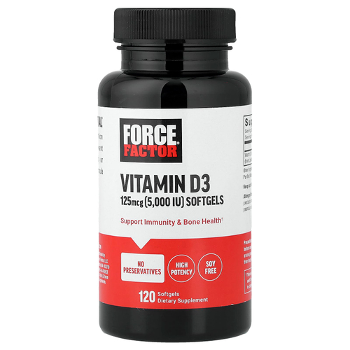 Force Factor, высокоактивный витамин D3, 125 мкг (5000 МЕ), 120 капсул