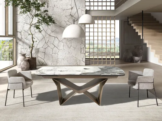 Овальный раздвижной обеденный стол 1154 из керамики в отделке под мрамор