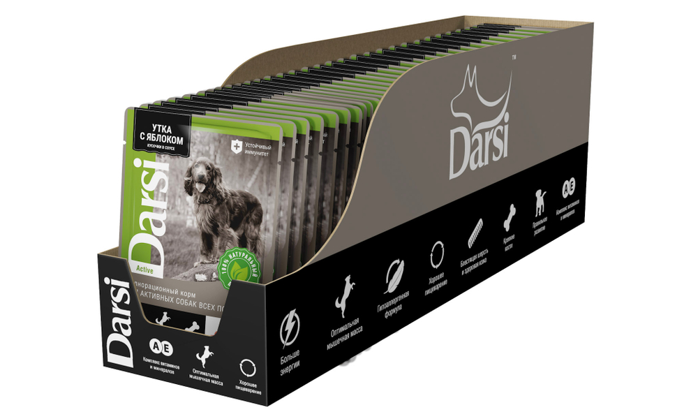Влажный корм паучи для активных собак Darsiвсех пород, утка с яблоком, кусочки в соусе 85 г*32шт