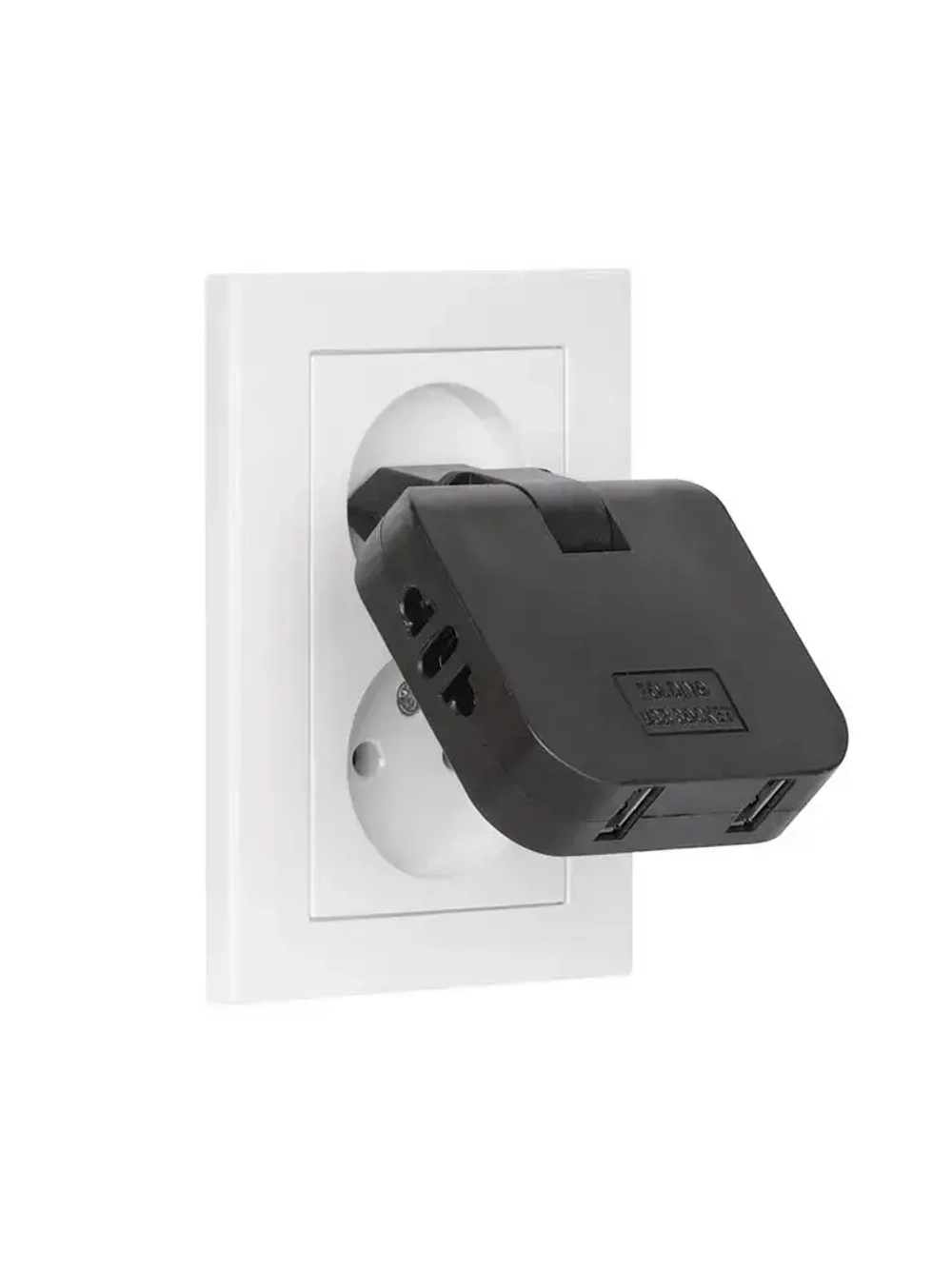 Тройник для розетки с USB 2.0 плоский поворотный, USB разветвитель электрический, черный