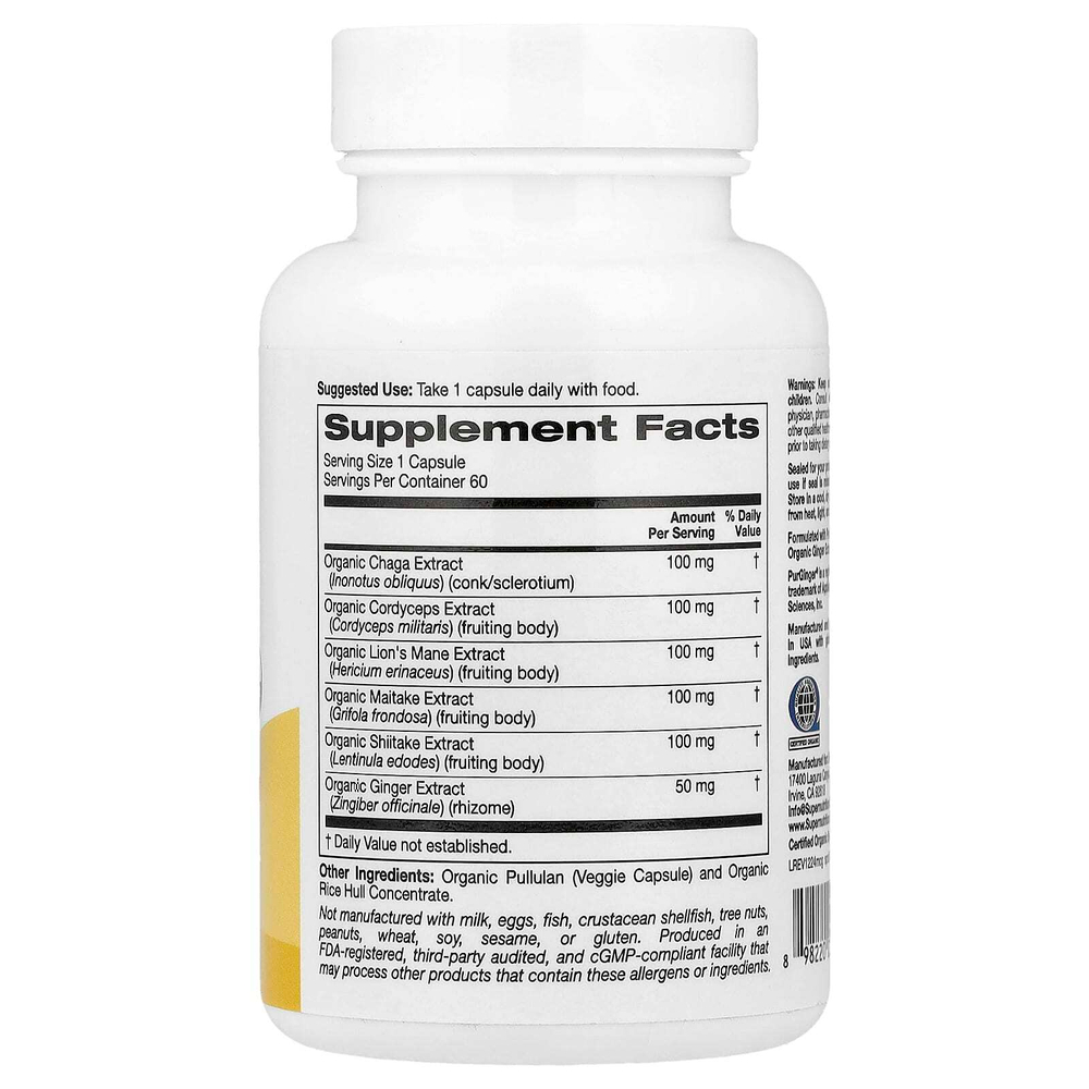 Super Nutrition, комплекс органических грибов с имбирём, 60 вегетарианских капсул