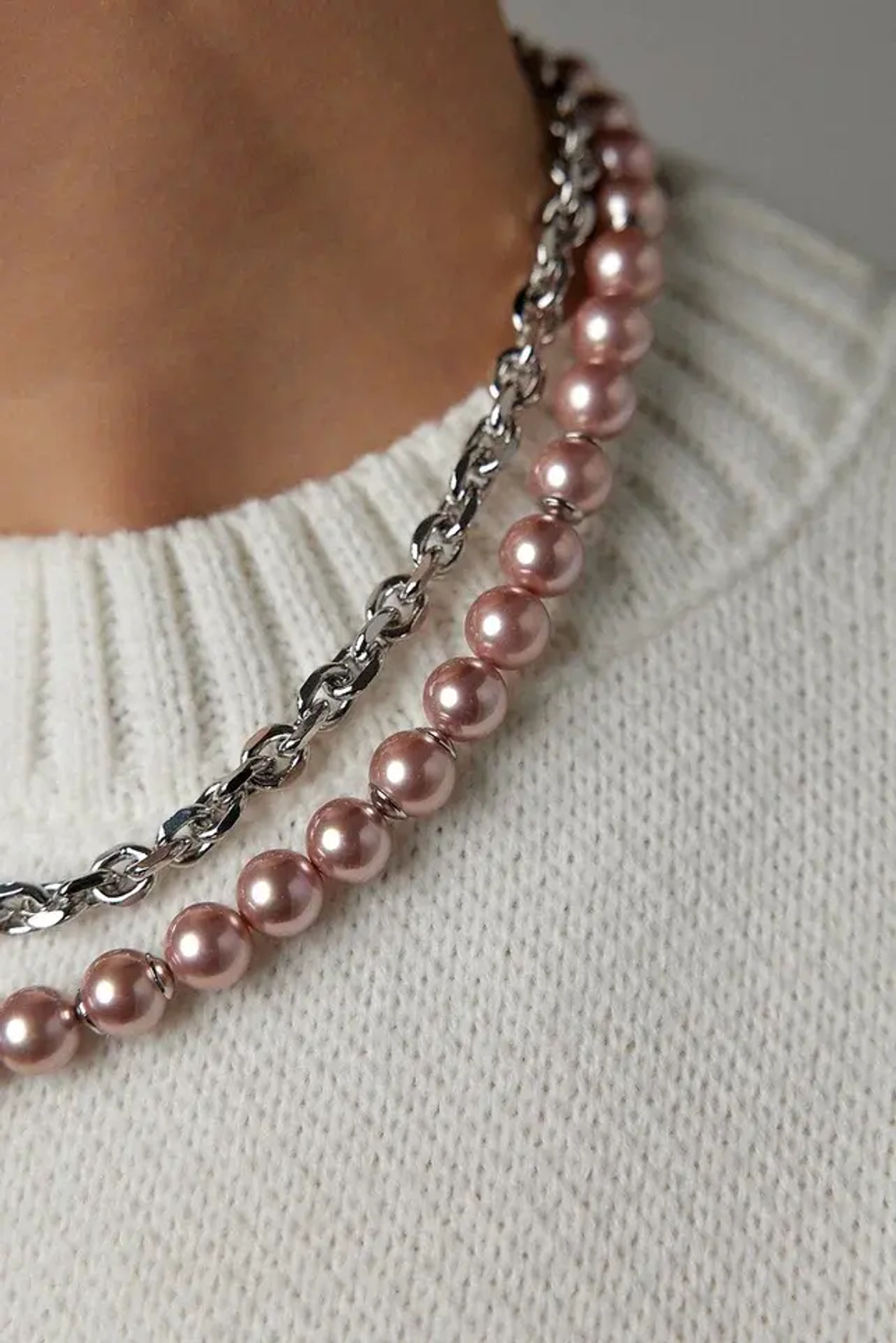 Колье Твин 2 ряда розового жемчуга и цепь ролло, оттенок серебро