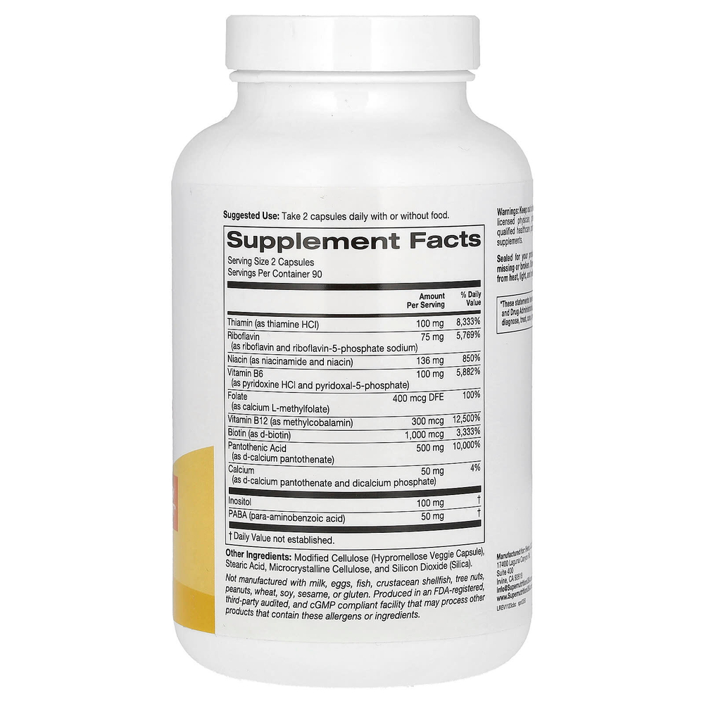 Super Nutrition, полный комплекс витаминов группы B с L-метилфолатом, биотином, пантотеновой кислотой, ниацином и витамином B12, 180 растительных капсул