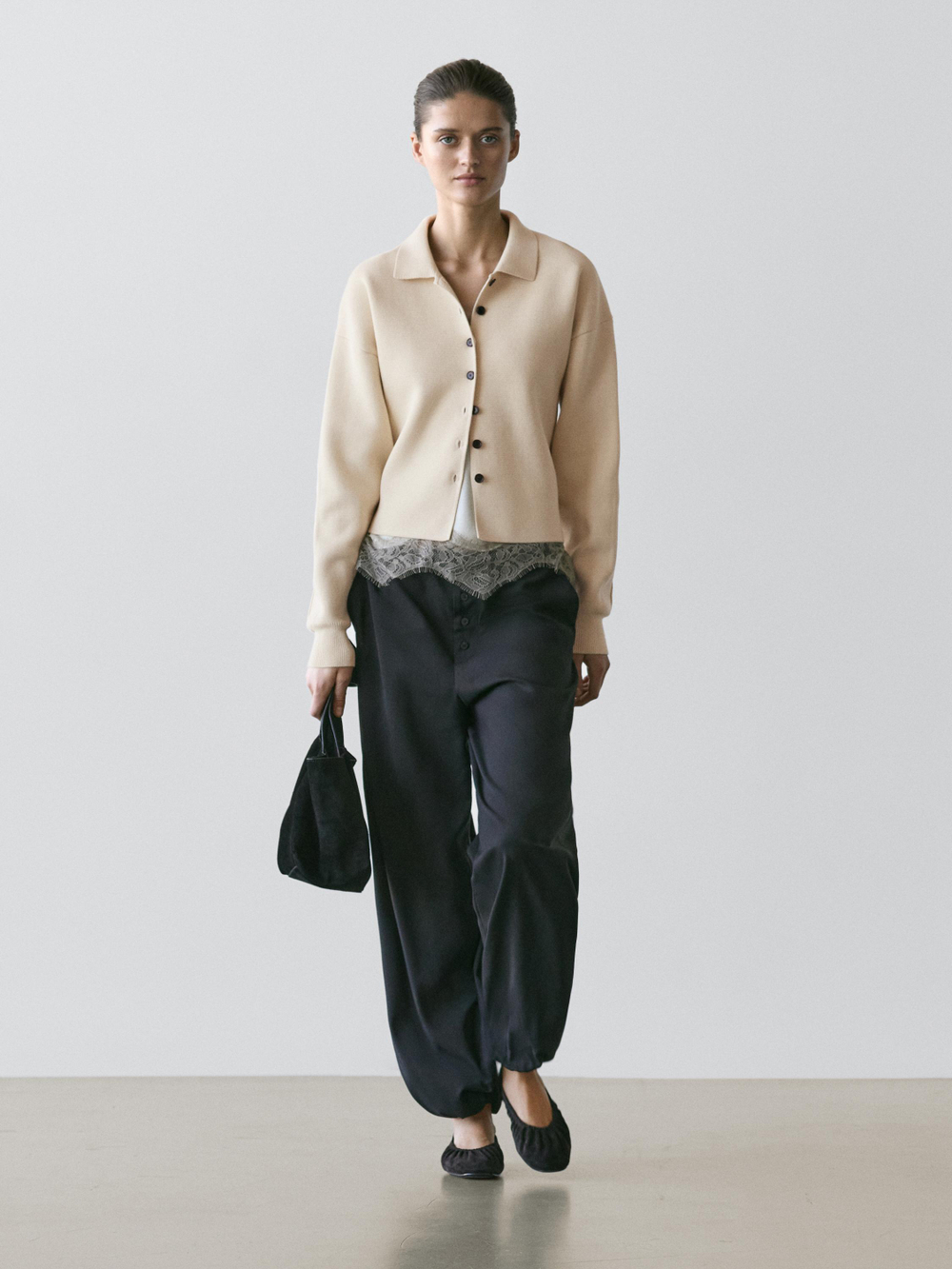 Massimo Dutti Кардиган из хлопкового трикотажа с воротником поло, ванильный