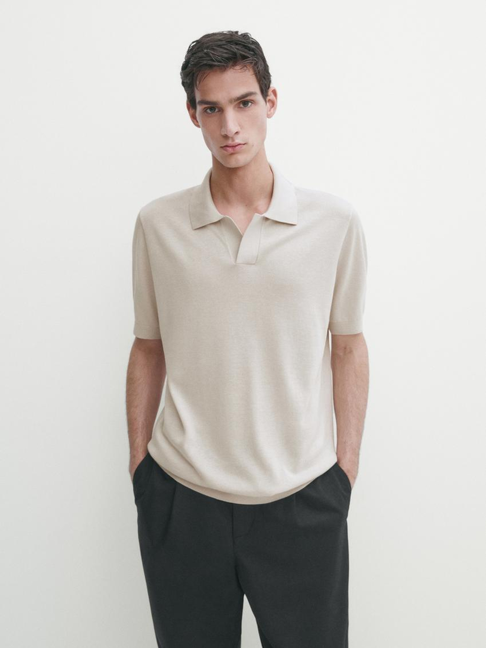 Massimo Dutti Футболка-поло из смесового трикотажа, бежевый