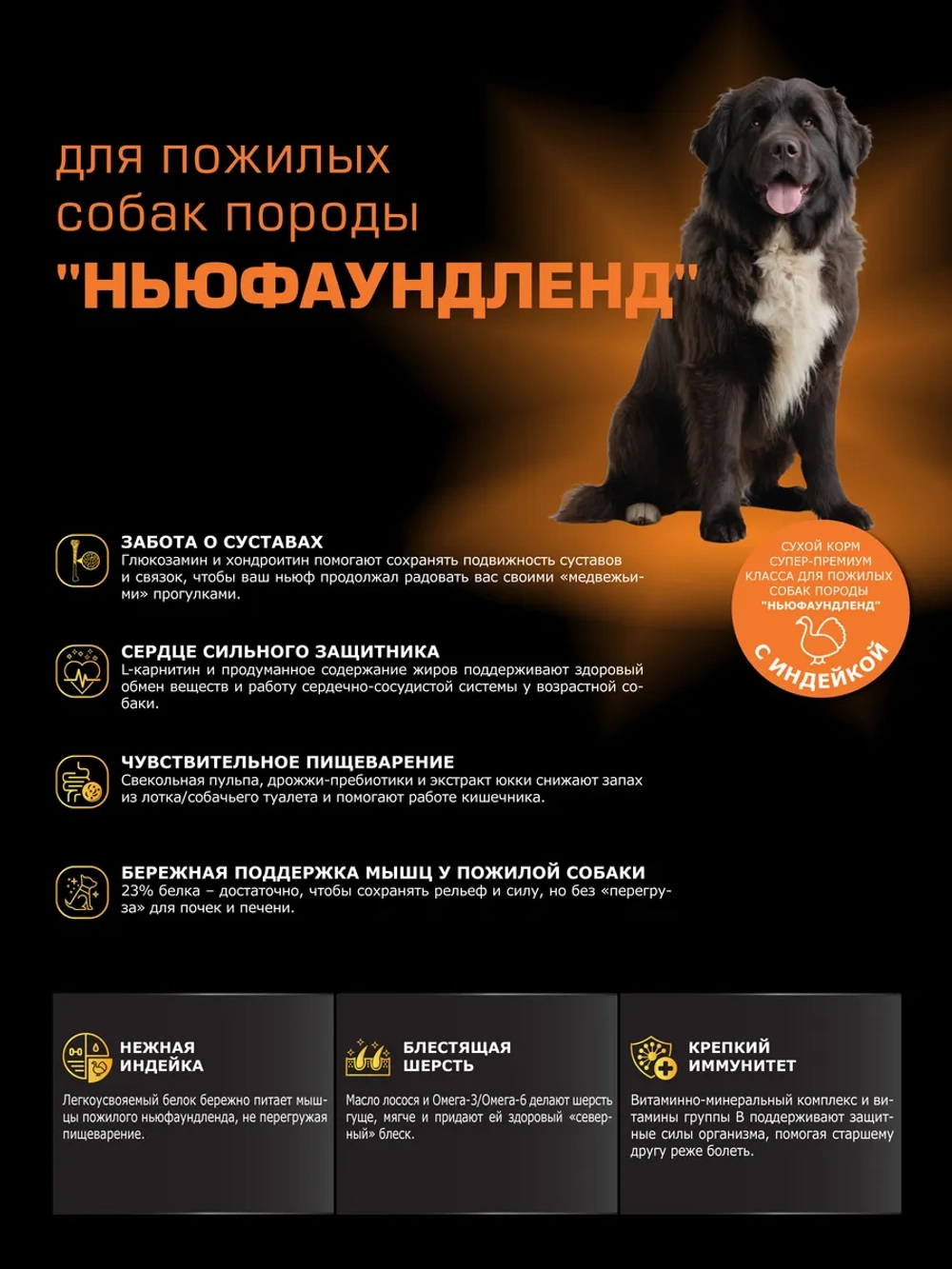 Корм для Ньюфаундленд старше 5 лет, с индейкой, 3 кг