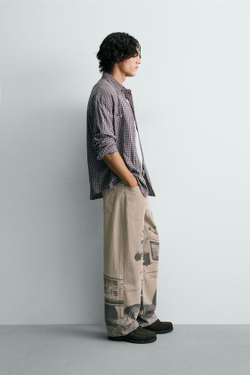 ZARA Х FORD ШИРОКИЕ БРЮКИ С ПРИНТОМ, СЕРО-БЕЖЕВЫЙ