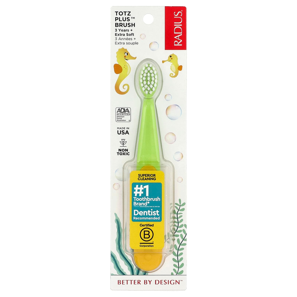 RADIUS, Totz Plus Brush, зубная щетка, для детей от 3 лет, экстра мягкая, сине-желтая, 1 шт.