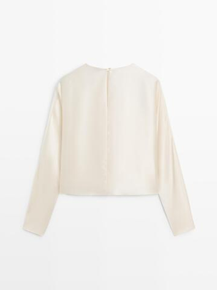 Massimo Dutti Блузка с короткими рукавами «летучая мышь» из 100% шелка - STUDIO, натуральный/кремовый