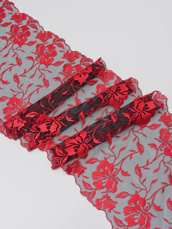 Вышивка на сетке черная с красным неэластичная ширина 23 см отрез 1 м