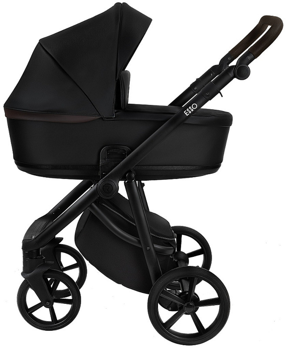 Детская коляска Roan Esso 2025 Кожа 3 в 1 с автокреслом Tutis Elo Lux Black ESSK/210/1 Black /Black/руч.Тем.коричневый