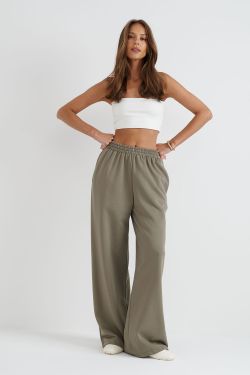 Широкие джоггеры без начеса с утяжкой цвета хаки