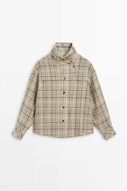 Massimo Dutti Рубашка в клетку из 100% льна на кнопках, светло-голубой