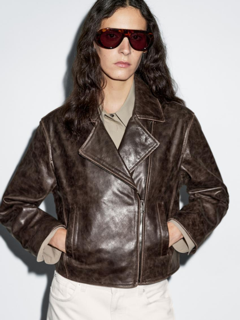 Massimo Dutti Куртка в байкерском стиле из кожи наппа, коричневый